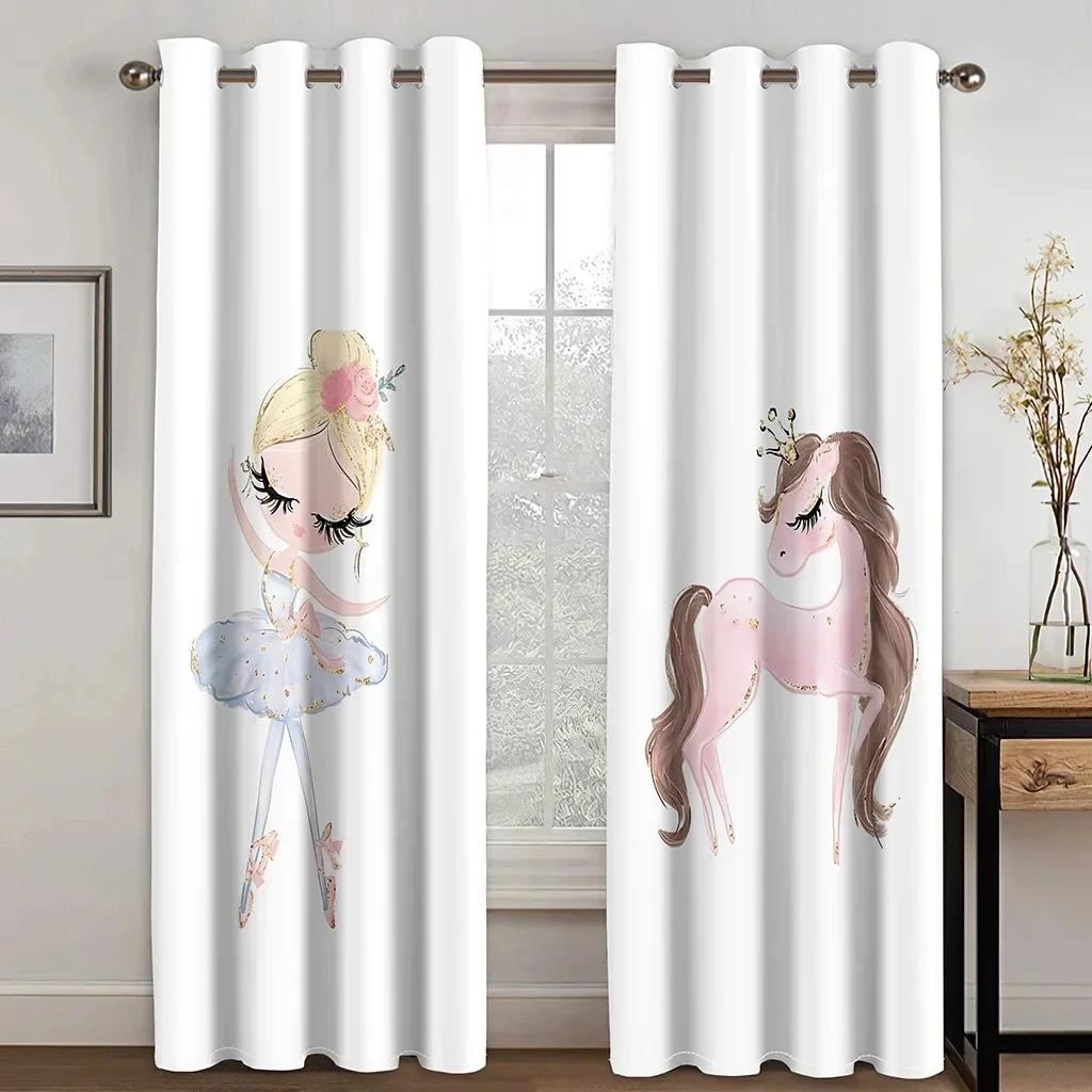 3D 2Panels Pink Princess Dancing Curtains for Kids Girls Bedroom Living Room Window Blinds Floor-to-ceiling Windows Grommet Top