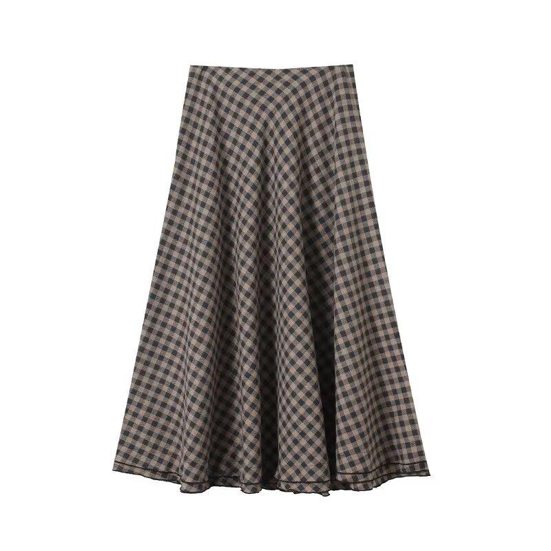 European and American Style, New Women's Clothing, Retro Plaid Temperament, Commuter Style, Horn, Half-body A-shaped Skirt