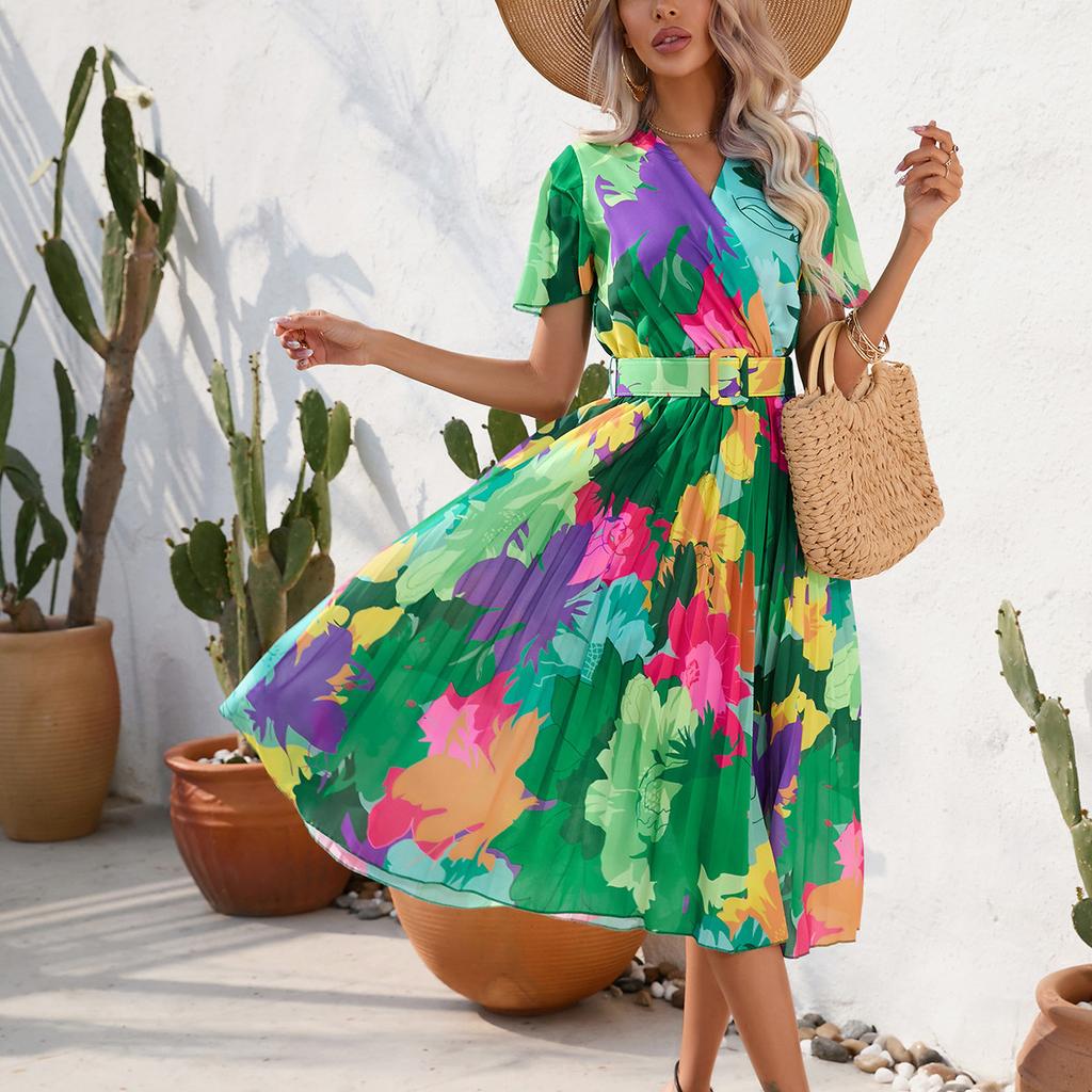 QICED Damenmode Sommer Frühling Blumendruck Kurzarm V-Ausschnitt Hohe Taille Freizeitkleider