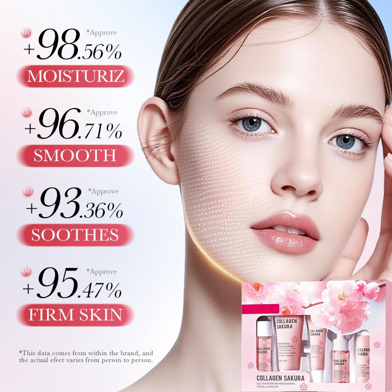 6-Piece Sakura Collagen Hydrating Travel Set - Cleanser, Toner, Lotion, Serum, Cream, Eye Cream for Smooth & Plump Skin
