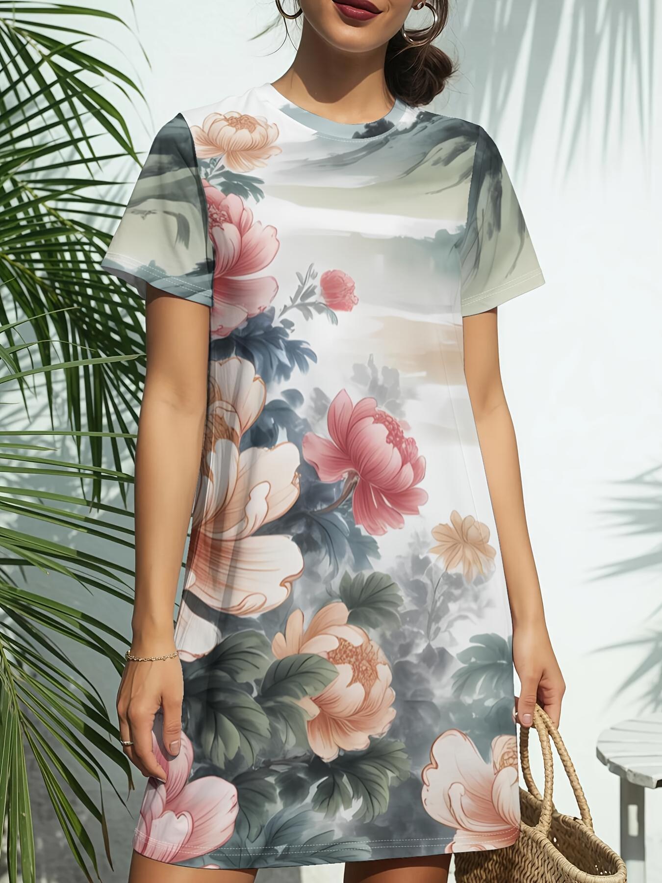 

New Women S Round-Neck Short-Sleeve T-Shirt Dress with Peony Floral Print. Featuring American Trendy Digital Printing. Perfect for Casual Spring And S 8XL дубильная кора