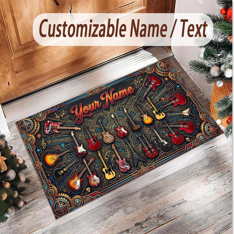 Music Guitar Theme Soft Crystal Velvet Rug Custom Name & Text Print Non Slip Floor Rug for Bedroom Living Room