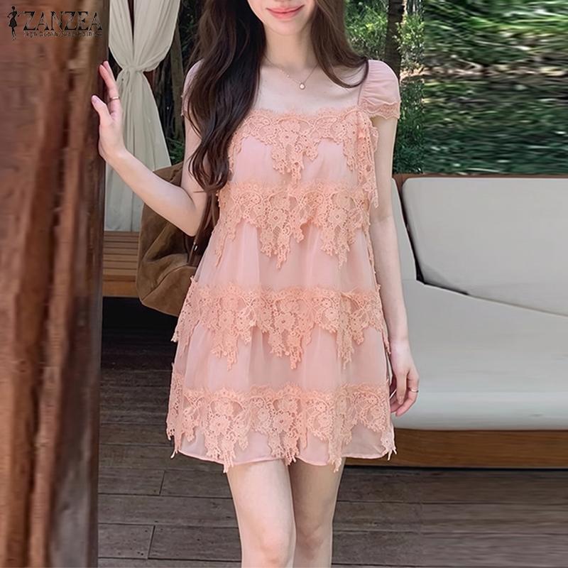 ZANZEA Women Summer Casual Off Shoulder Short Sleeve Lace Mini Dress