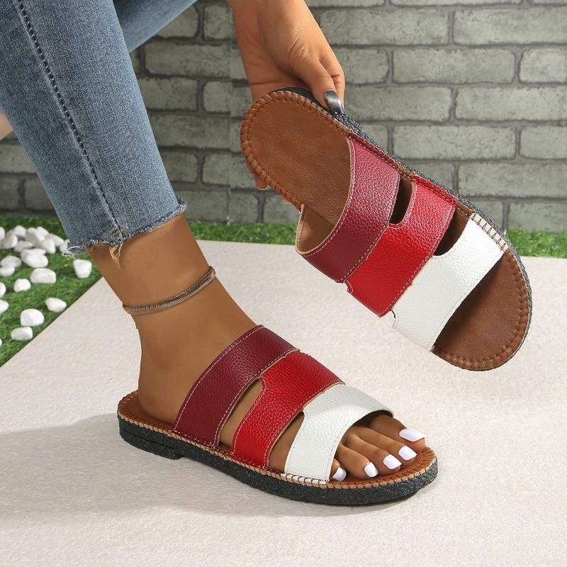 Letnie płaskie klapki damskie w bloki kolorów z odkrytymi palcami klapki outdoorowe 2025 na plażę damskie buty duży rozmiar 43