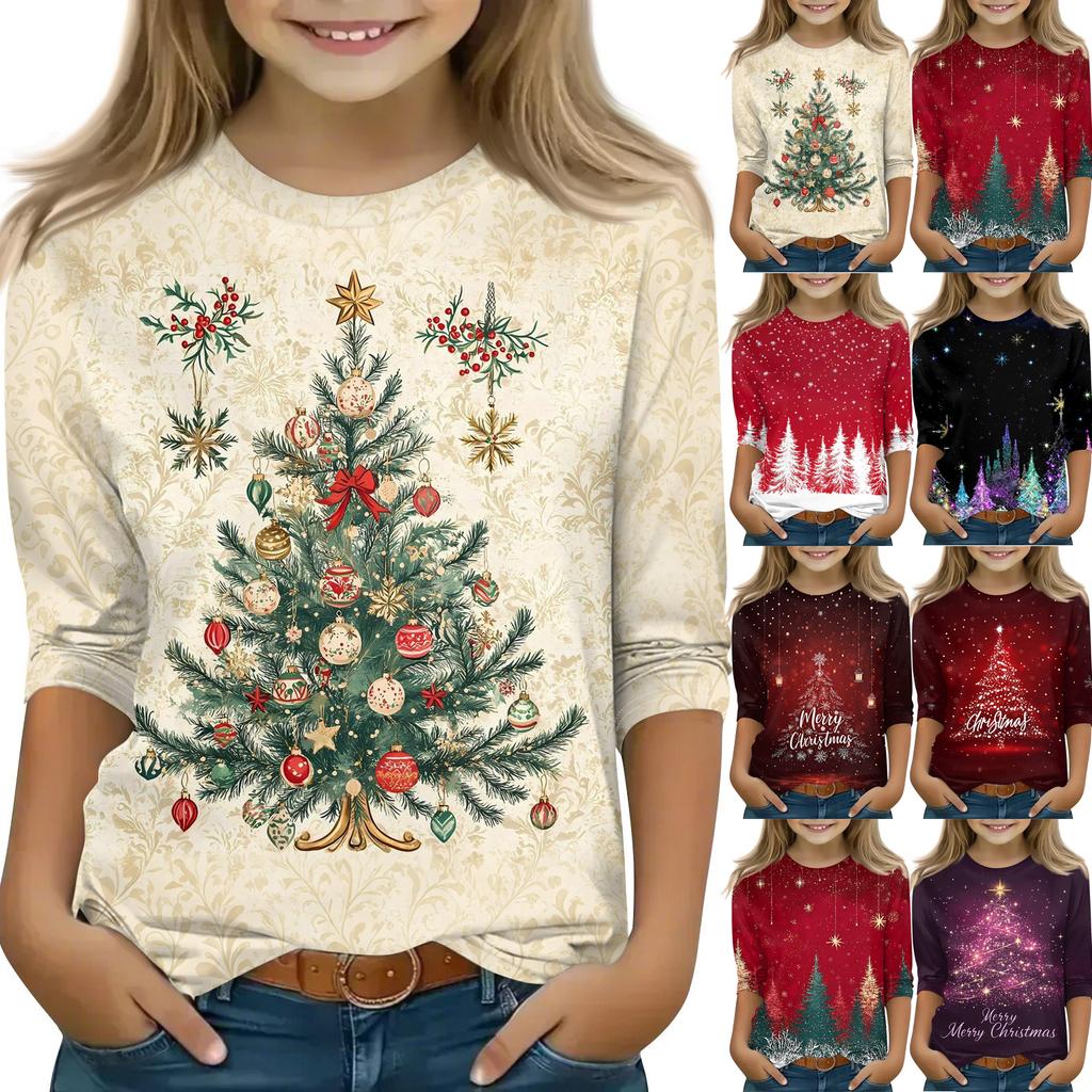 Children's 3/4 Sleeve Tops Casual Christmas Print T Shirt Round Neck Pullover Blouse