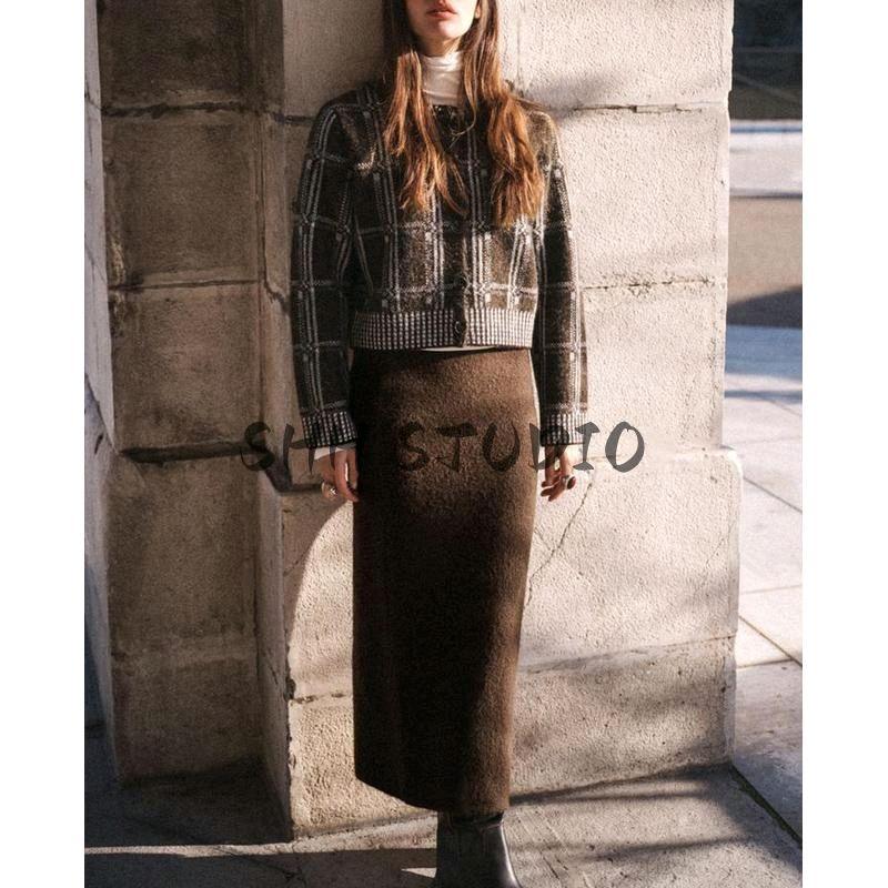 25 Spring New Women's Clothing Idle Style Plaid Printed round Neck Long Sleeves Knitting Cardigan Outwear 6236006