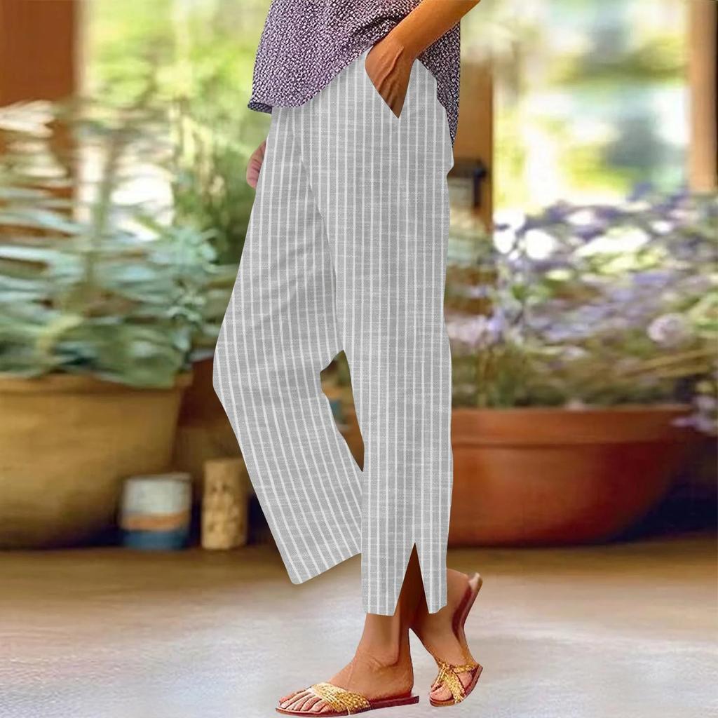 Pantalon Casual Rayé Tendance pour Femme, Lâche, Taille Élastique Confortable, Coupe Droite, Coton et Lin