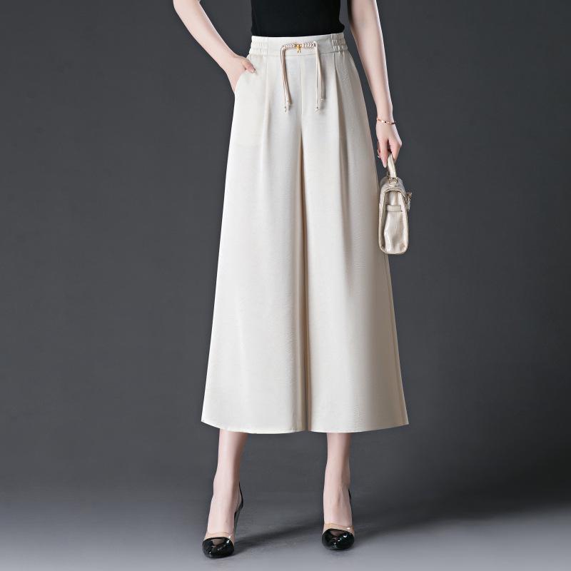 2024 Women's High Waist Drapey Wide-Leg Skirt Pants - Summer Plus Size, Eight-Point Length for Casual, Middle-Aged Style