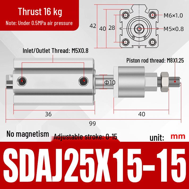 Adjustable Stroke Pneumatic Thin Cylinder - Piston Rod Sizes: 16/20/25/32/40/63