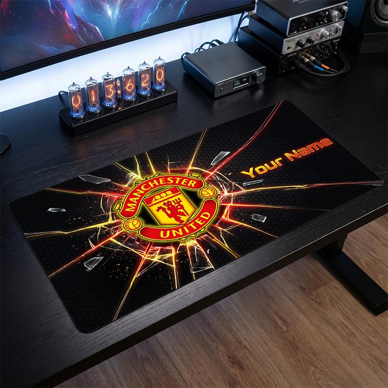 Tappetino per Mouse Grande Personalizzato Manchester United, Stampa Testo Nome Personalizzato, Tappetino da Scrivania Antiscivolo con Logo Calcio, Regalo per Gamer