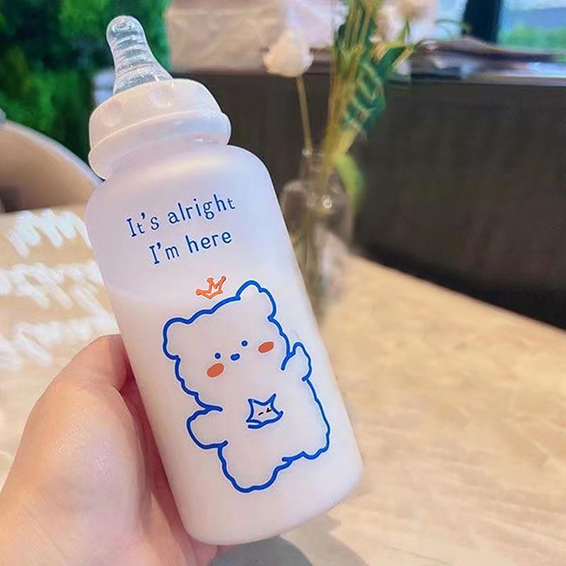 400Ml Kawaii Plastic Strawberry Bear Glass Water Bottle For Kids Adult Milk Juice Straw Cup Frosted Leakproof Drinking Bottles