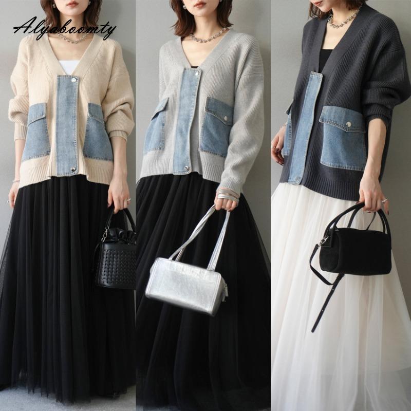 Koreanische Mode Herbst Winter Damen Patchwork Strickmantel V-Ausschnitt Denim Strickjacke Stilvoll Lässig Locker Kontrastfarbe Oberbekleidung
