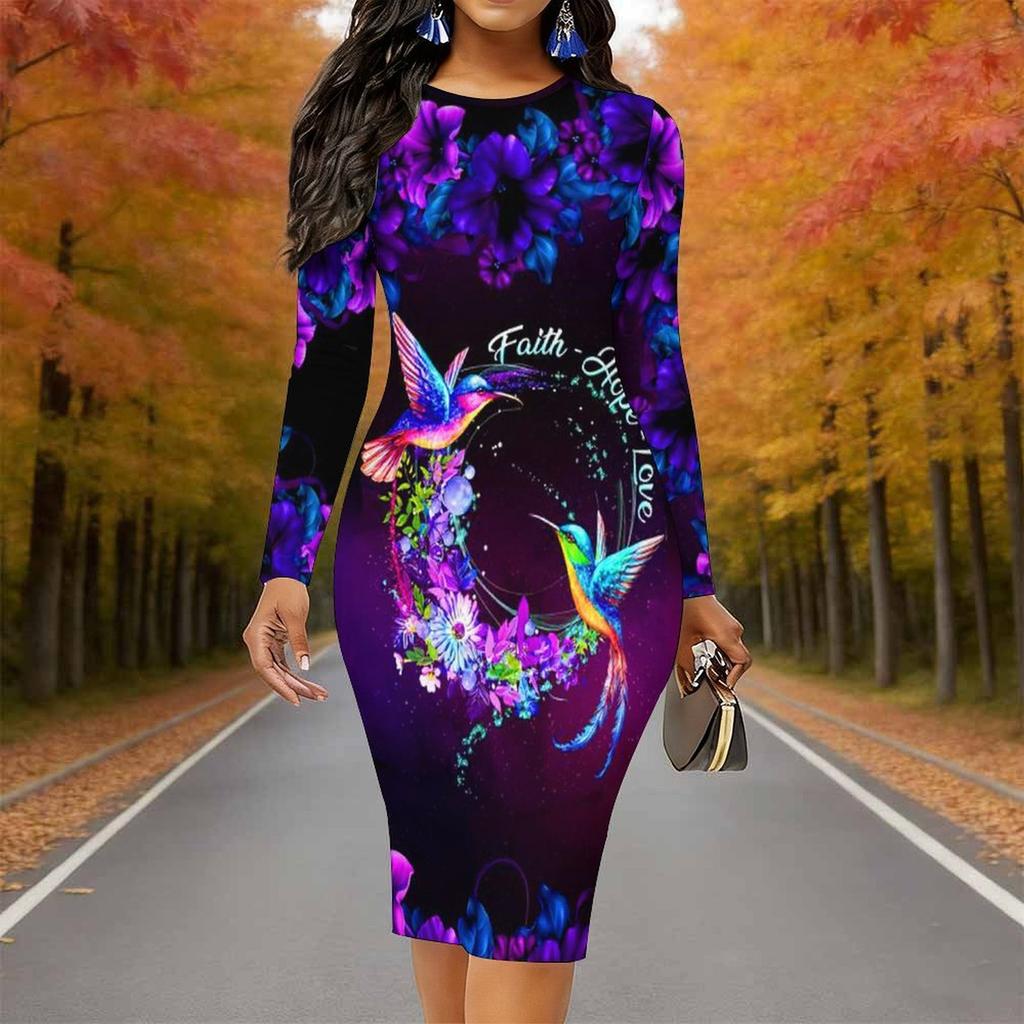 Plus Size Women Long Sleeve Round Neck Midi Dress Blue Tone Rose And Butterfly Print Fitted Bodycon Dress