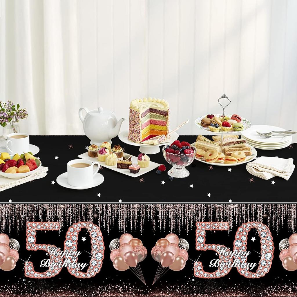 Eiurteao 3Pcs 50th Birthday Tablecloth Decorations for Women, Rose Gold Happy 50 Birthday Theme Table Cover Party Supplies, Black Rose Gold Fifty