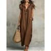 Women's Ruffle V Neck Cap Sleeve Solid Linen Blend Maxi Dress With Side Pockets Boho Floor Length Casual Gown