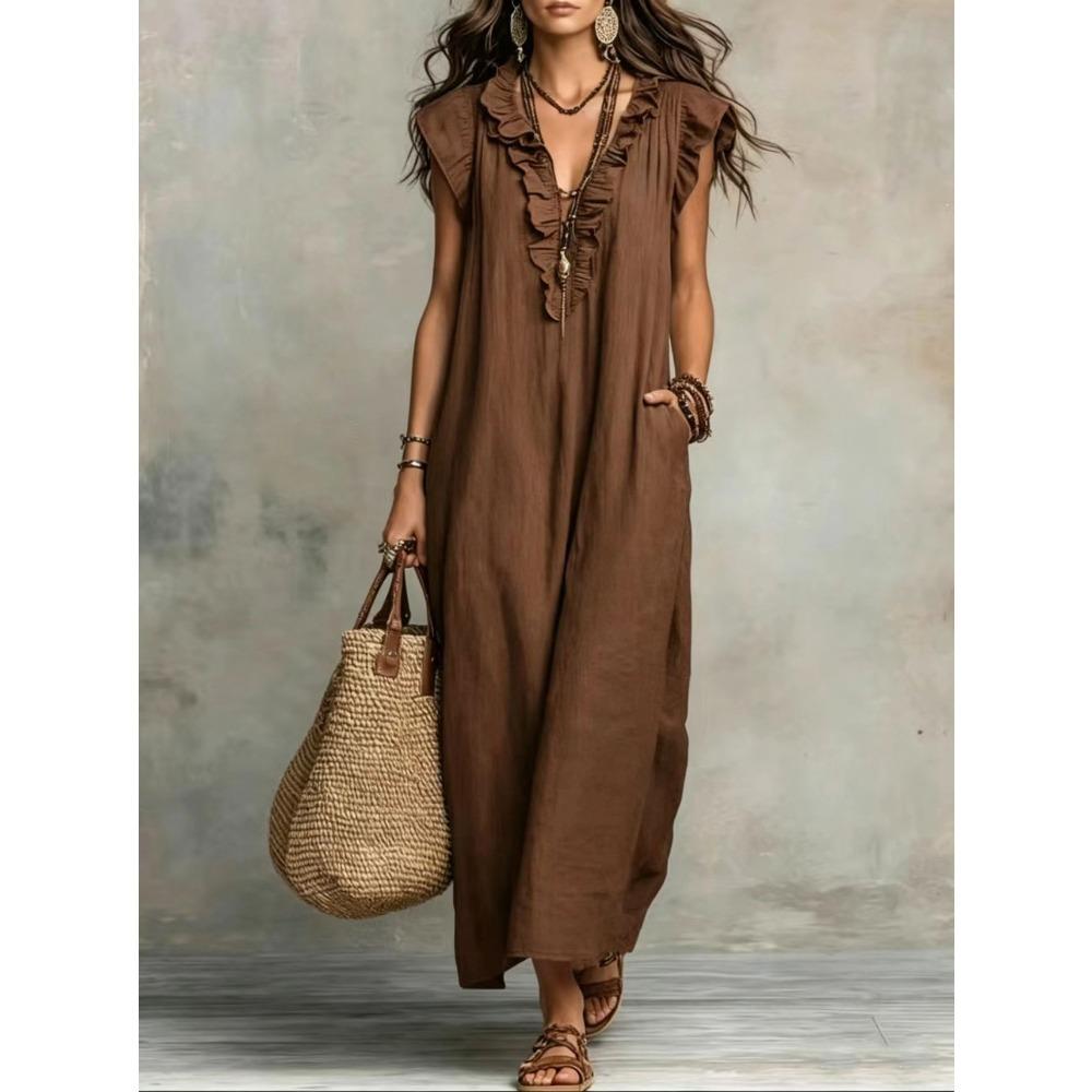 Women's Ruffle V Neck Cap Sleeve Solid Linen Blend Maxi Dress With Side Pockets Boho Floor Length Casual Gown
