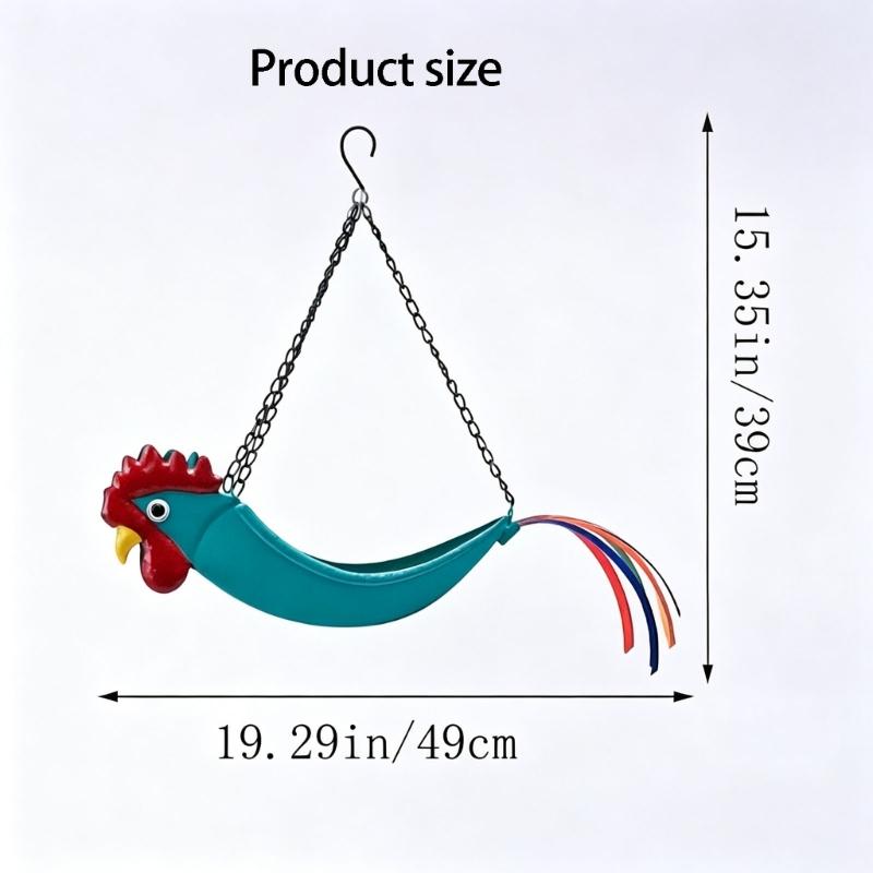 Iron Hanging Flower Pot Colorful Rooster Planter with Wide Planting Container and Chain System for Off-Floor Flower Displays on Patios and Porches