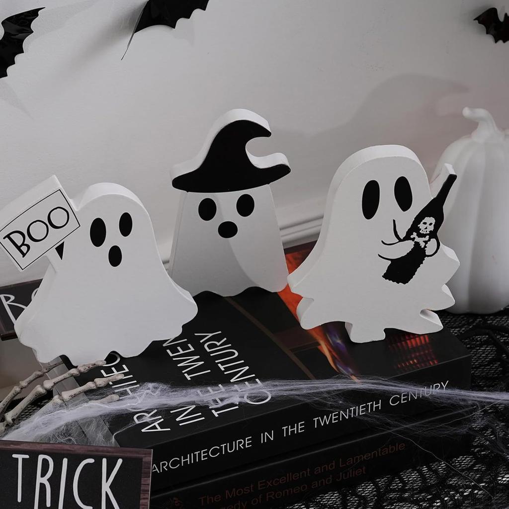 Spooky Halloween Ghosts Adorable Wooden Table Centerpiece Tiered Tray Decoration Desk Ornament Art Craft Party Favor
