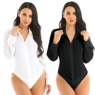 Women Long Sleeve Button Down Shirts Bodysuit One Piece Easy Care Work Blouse Leotard Top