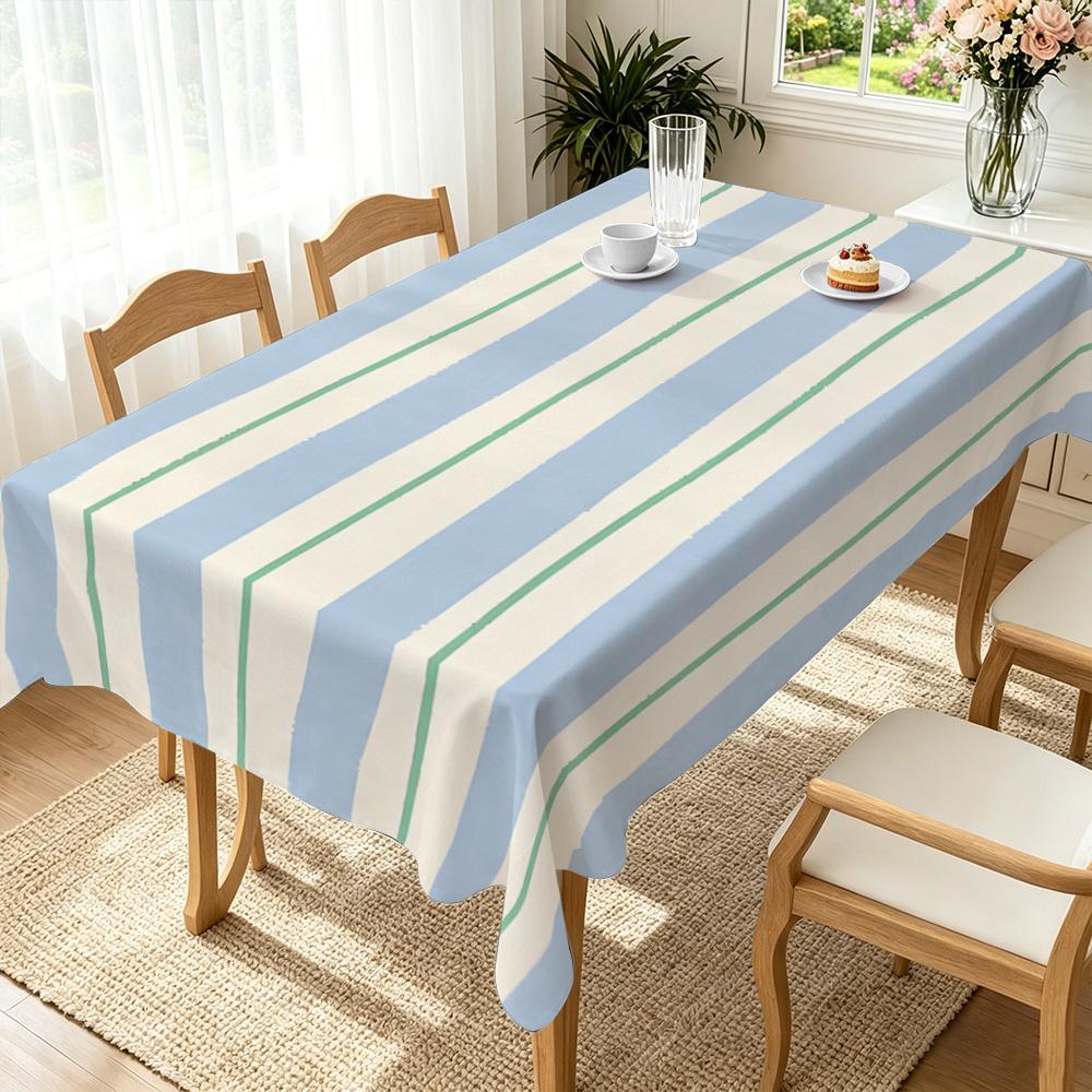 1 Stück, Frische gestreifte Tischdecke, Polyester-Material, Bedruckt mit abwechselnden blauen, weißen und grünen Streifen unterschiedlicher Breite. Geeignet für Din