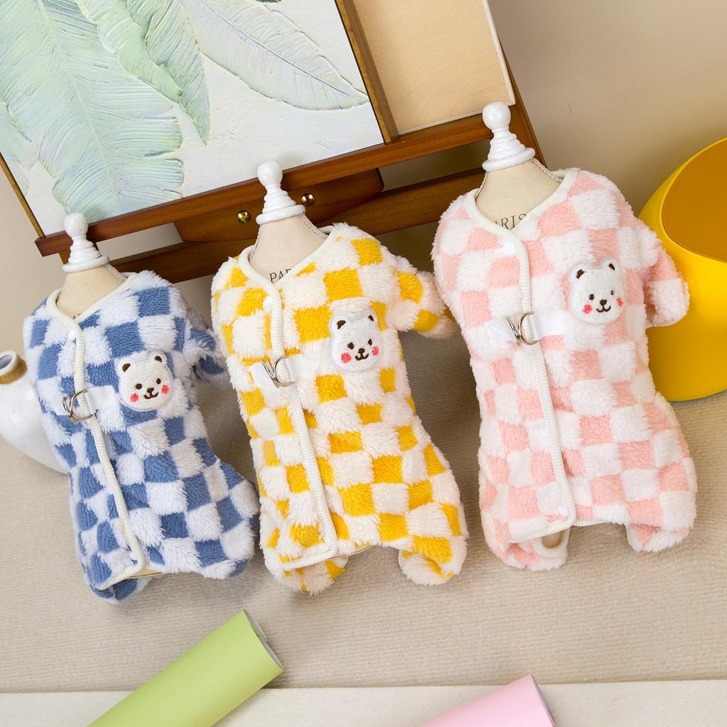 Checkerboard Dog And Cat Fall And Winter Four-Legged Coat Small Dog Warm Coat Lambswool College Style Pet Cold Weather Clothing
