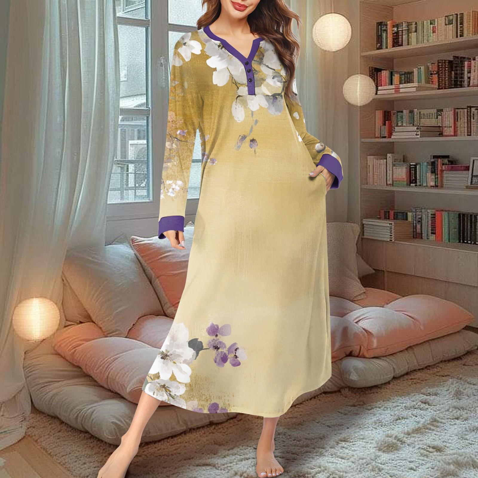 

Женская ночная рубашка, модный принт, длинный домашний халат, пижама с V-образным вырезом и карманами, платье S