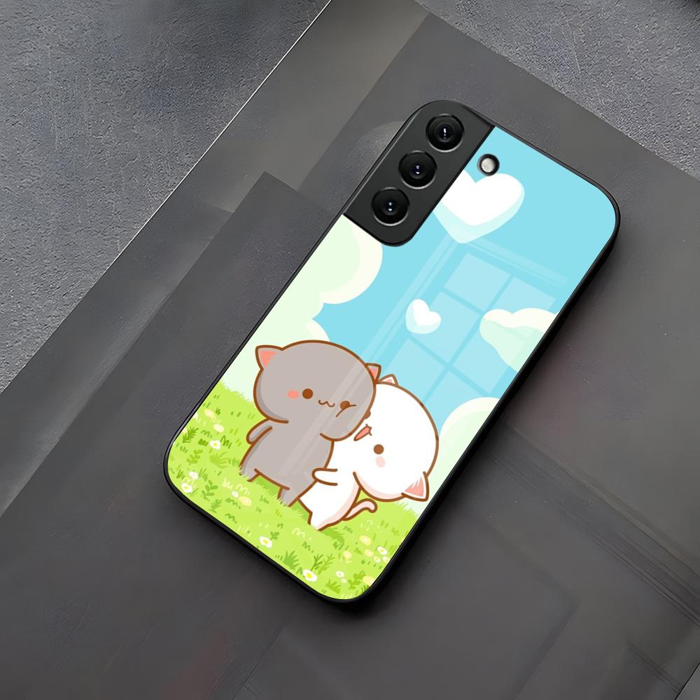 Fun Cartoon Peach Mochi Cat Phone Case Glass For Samsung Galaxy S23 S24 S21 S25 S22 S20 Ultra Fe Plus A55 A15 A14 Coque