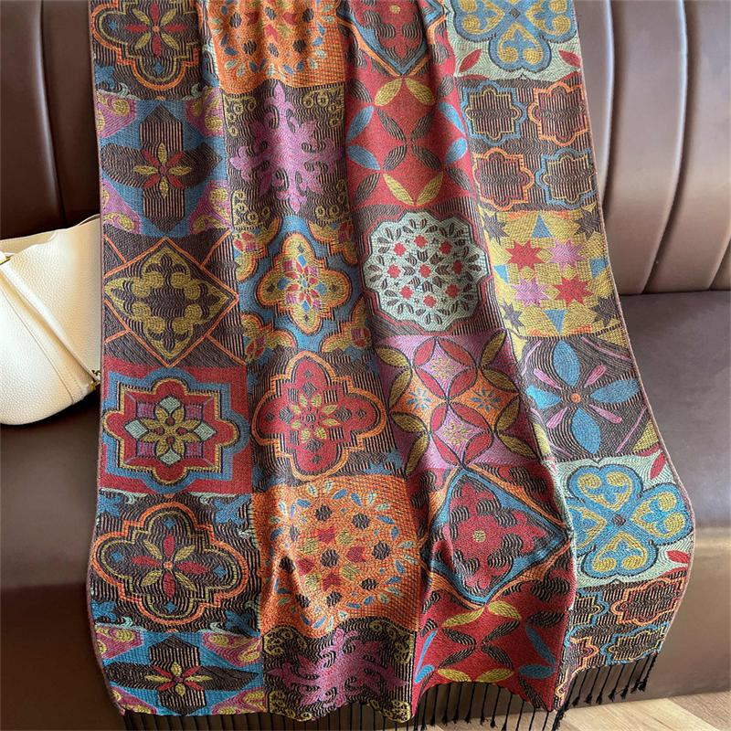 Tassel Blanket Design Thick National Flowers Pashmina Autumn Warm Shawls Wrap Cashmere Scarf for Women Poncho Stoles Scarf