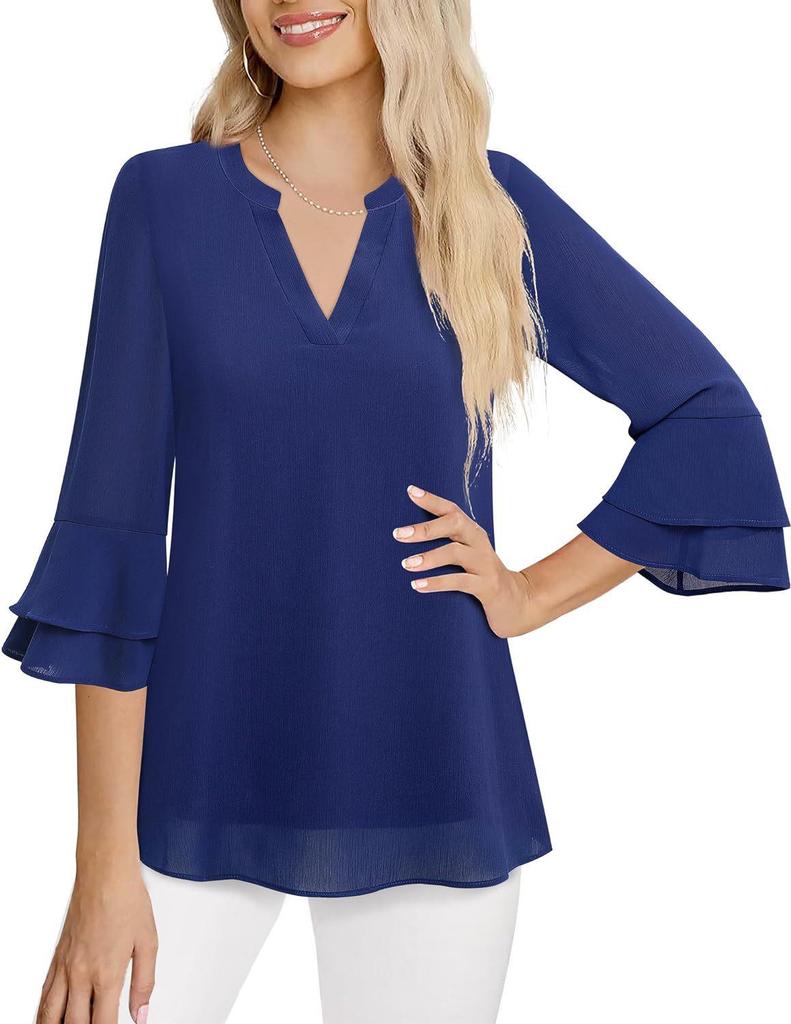 Women's V-Neck Double-Layer Chiffon Top with Flare & Tie-Waist Detailing