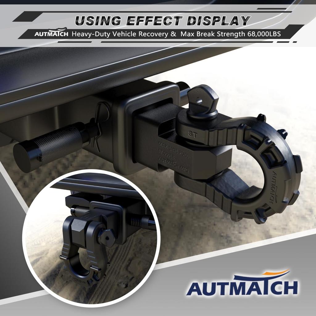 AUTMATCH Shackle Hitch Receiver with and Mega Shackles and Trailer Hitch Lock Vehicle Recovery Receiver Kit with a kg Break Matte Black Mega Shackle