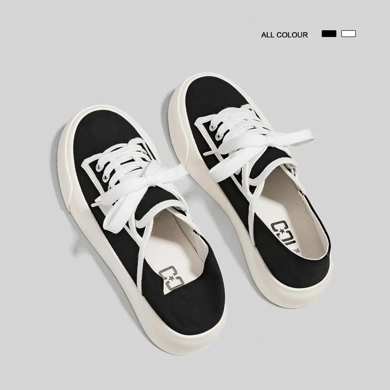 Modne Białe Damskie Buty Wulkanizowane Dwu-noszeniowe Leniwe Buty Sportowe Gruba Podeszwa Casual Pół-kapcie Płócienne Buty do Chodzenia Tenisówki Sznurowane Zapatos