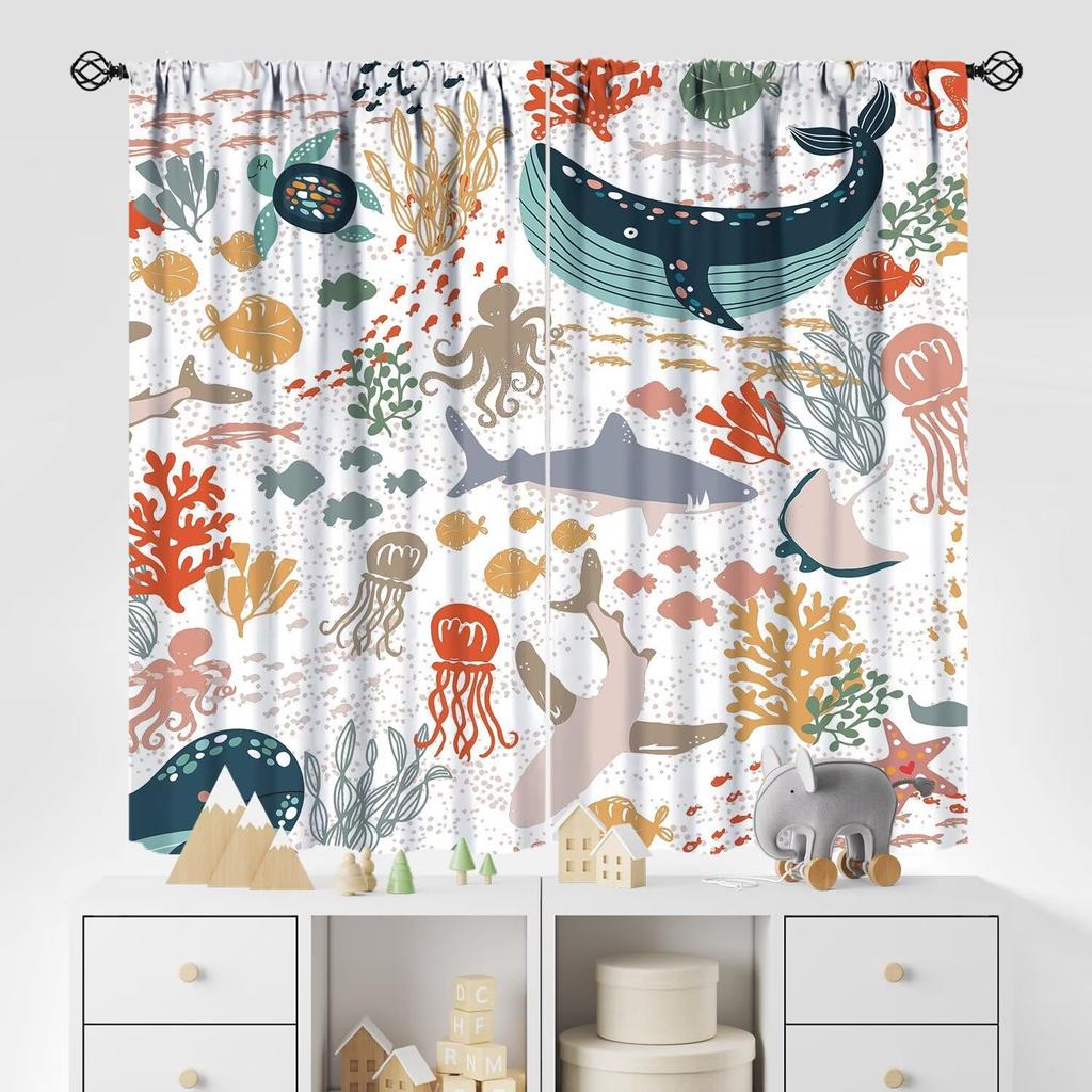 Kids Sea Animal Curtains Teens Boys Girls Bedroom Nursery Decor Cartoon Sharks Art Printed Window Drapes Fabric Light Blocking Polyester Sleeping Area