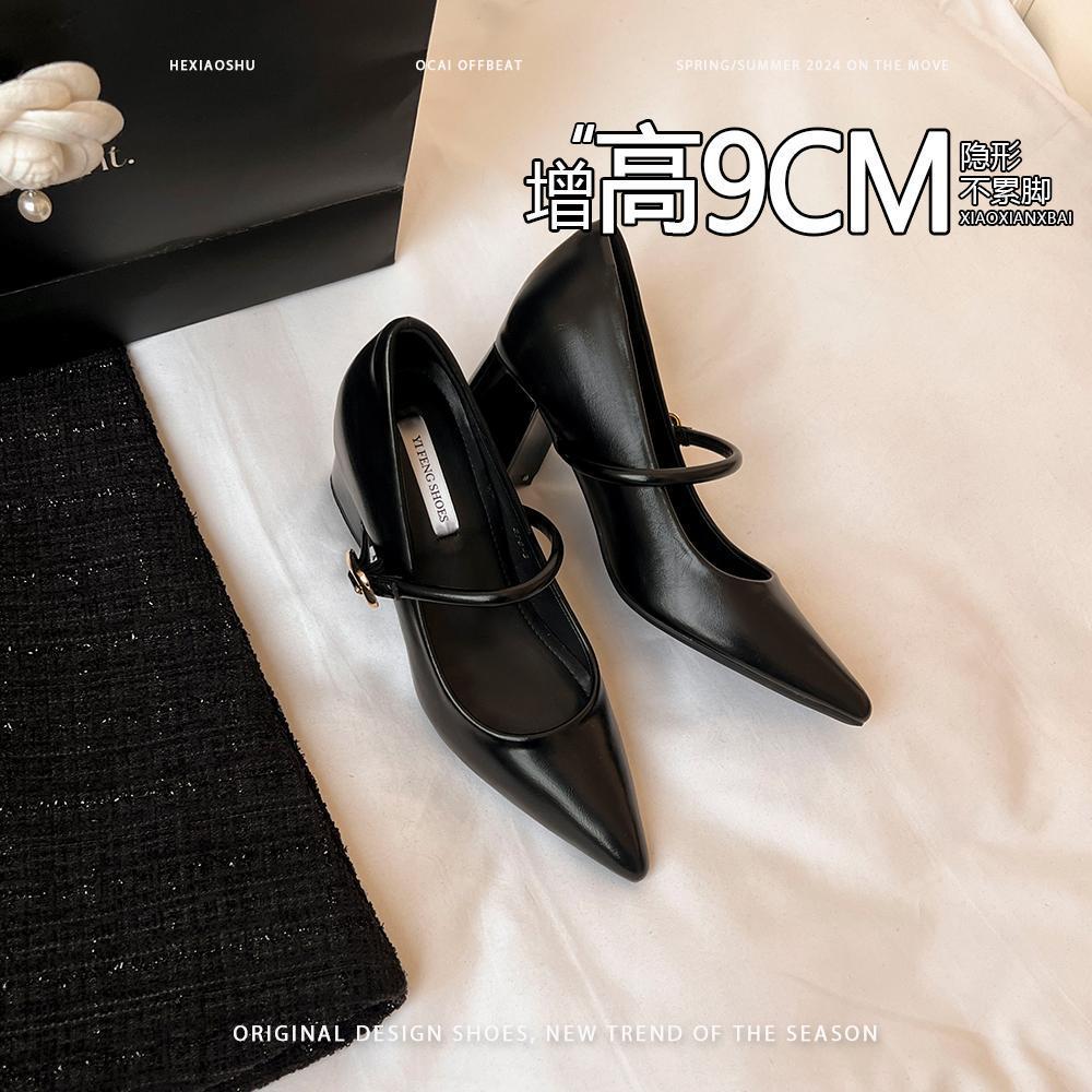 Sheepskin Version~ Inner Height Increase 9cm Pointed High Heels French Gentle Evening Wind Thick Heel Mary Jane Shoes Women's Single Shoes