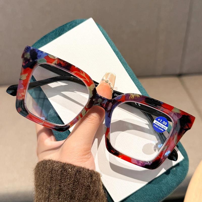 Large Frame Flower Pattern Color Blocked Reading Glasses Fashionable Anti Blue Light Spring Foot Presbyopia Glasses Diopters+4.0