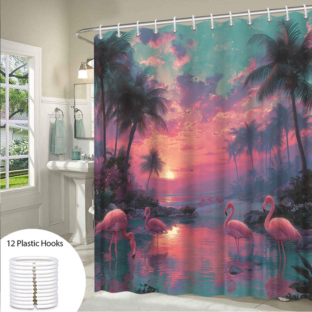 1pc Tropical Flamingo Shower Curtain - Tropical Beach Bathroom Decor with Flamingos, Palm Trees & Sunset - Extra Long 70.8x70.8