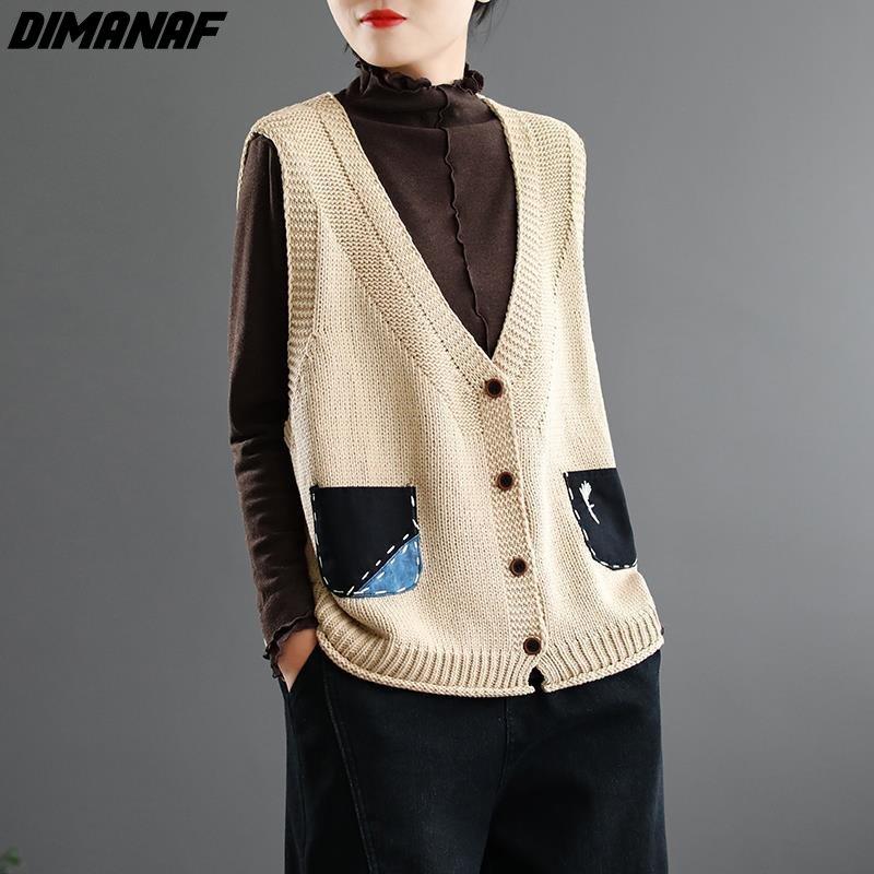 

DIMANAF 2022, осенние свитеры больших размеров, шерстяной пуловер без рукавов с v-образным вырезом, повседневный женский лоскутный жилет, базовая одежда, новинка Кореи