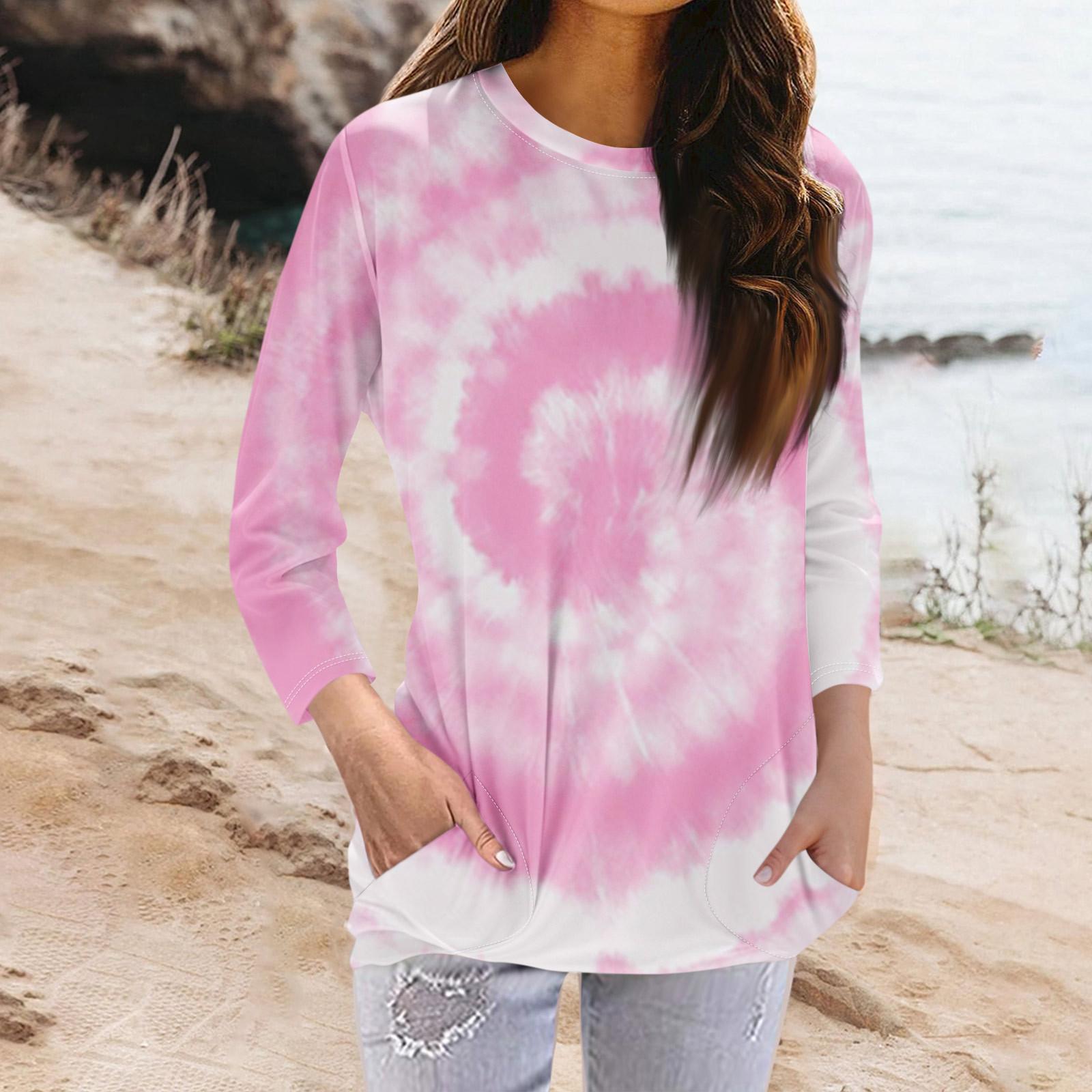 

Женская модная повседневная футболка с карманом и круглым вырезом с рукавами 3/4 и топом S розовый