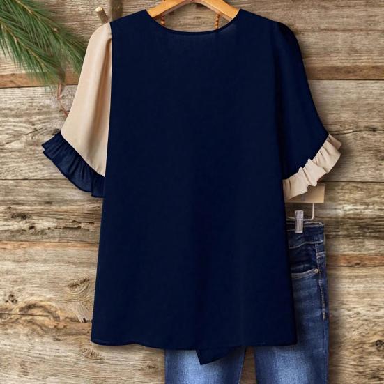 Women Tops Crew Neck Short Sleeve Pullover Tops with Irregular Ruffle Hem Block Design Buttons Decor Loose Fit Versatile Blouse