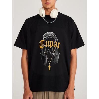 Black T Shirt Tupac Hands Cross Print Casual Streetwear Fashion Men's Tee Hip Hop Style
