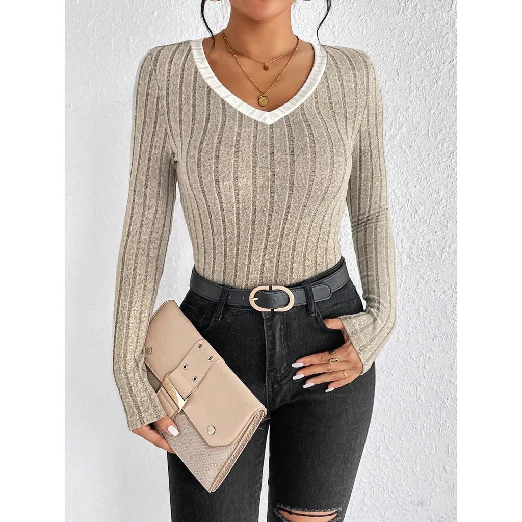Women's Slim Sexy Knit Long Sleeve Top Women's V-Neck Neck Edge Clash Top New Autumn and Winter Women's Casual Pullover