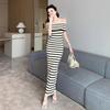 Korean Chic One-Shoulder Striped Knit Dress - Slimming, Flattering, Mature Style Women's Clothing