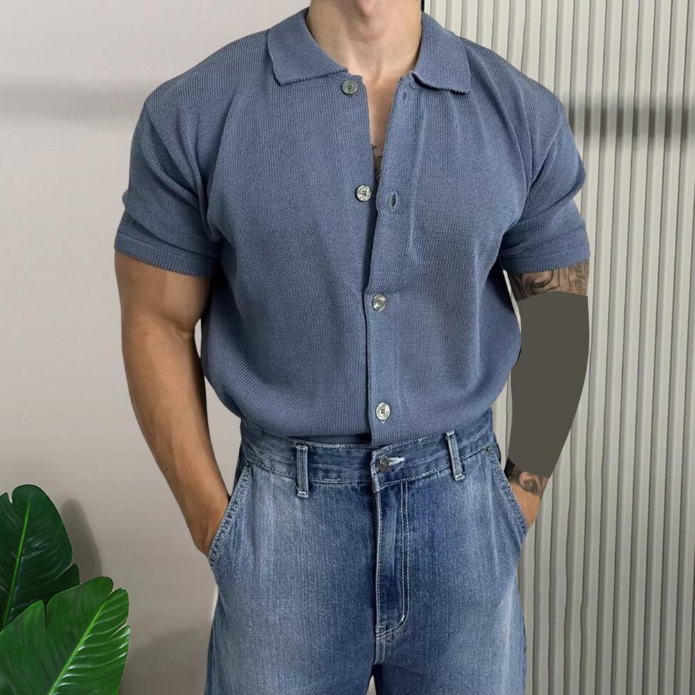 Camicia da uomo estiva a maglia a maniche corte con colletto rovesciato monopetto elasticizzata tinta unita cardigan ampio per uso quotidiano casual a