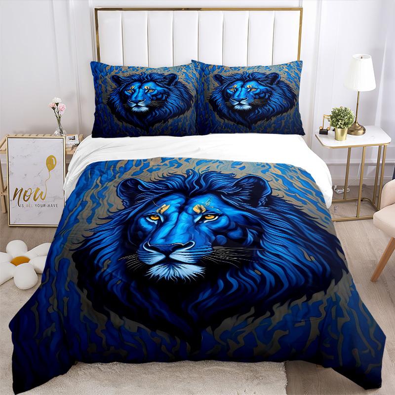 Set Biancheria da Letto Leone Blu 3 Pezzi - 1 Copripiumino + 2 Federe(Nucleo non incluso), Poliestere Lavabile in Lavatrice yy251216103