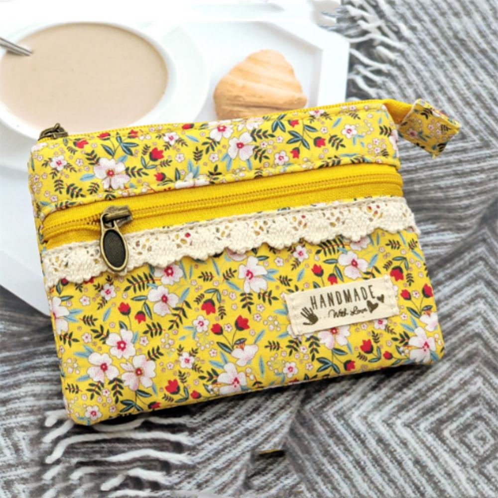 Cotton Coin Purse Portable Female Coin Pouch Canvas Change Bag Double Zipper Floral Card Holder For Women Girls Daily Life