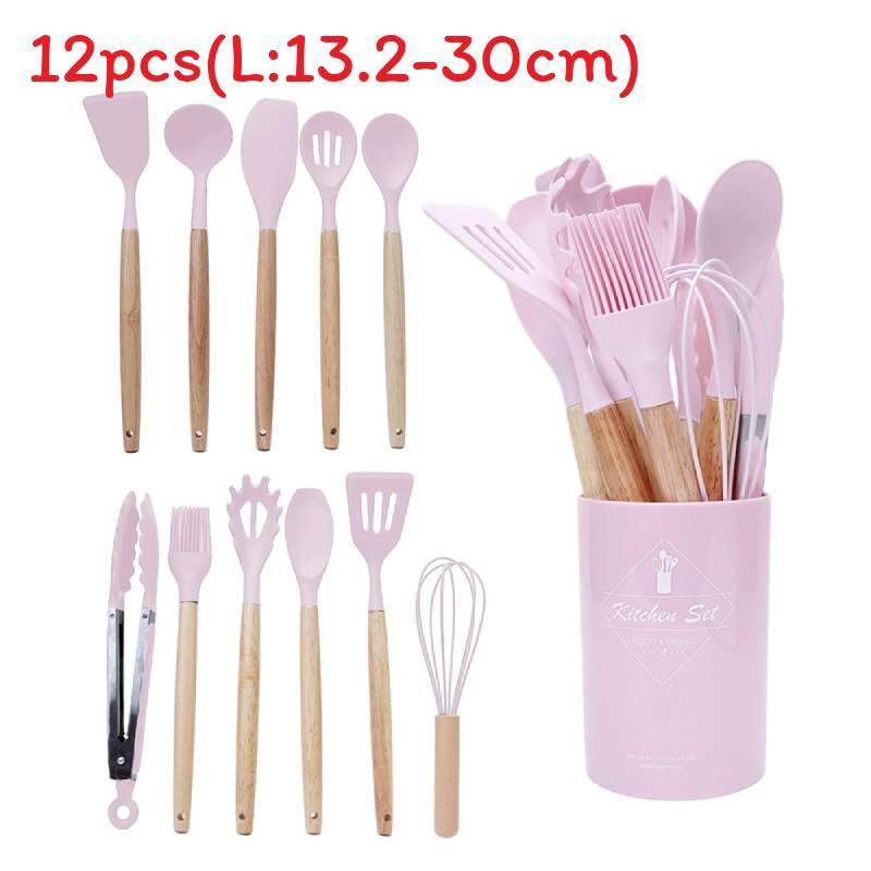 Silicone Kitchen Utensil Set With Wooden Handles For Nonstick Cookware And Heat Resistance