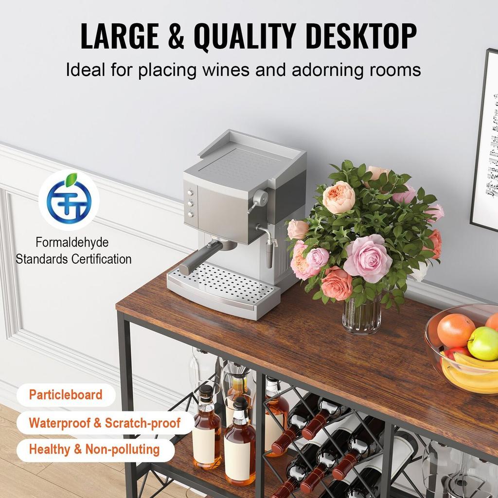 Armario Bar Industrial de 40 Pulgadas, Mesa de Vinos para Licores y Copas, Aparador Buffet con Soporte para Copas y Botellero, Madera Rústica Independiente
