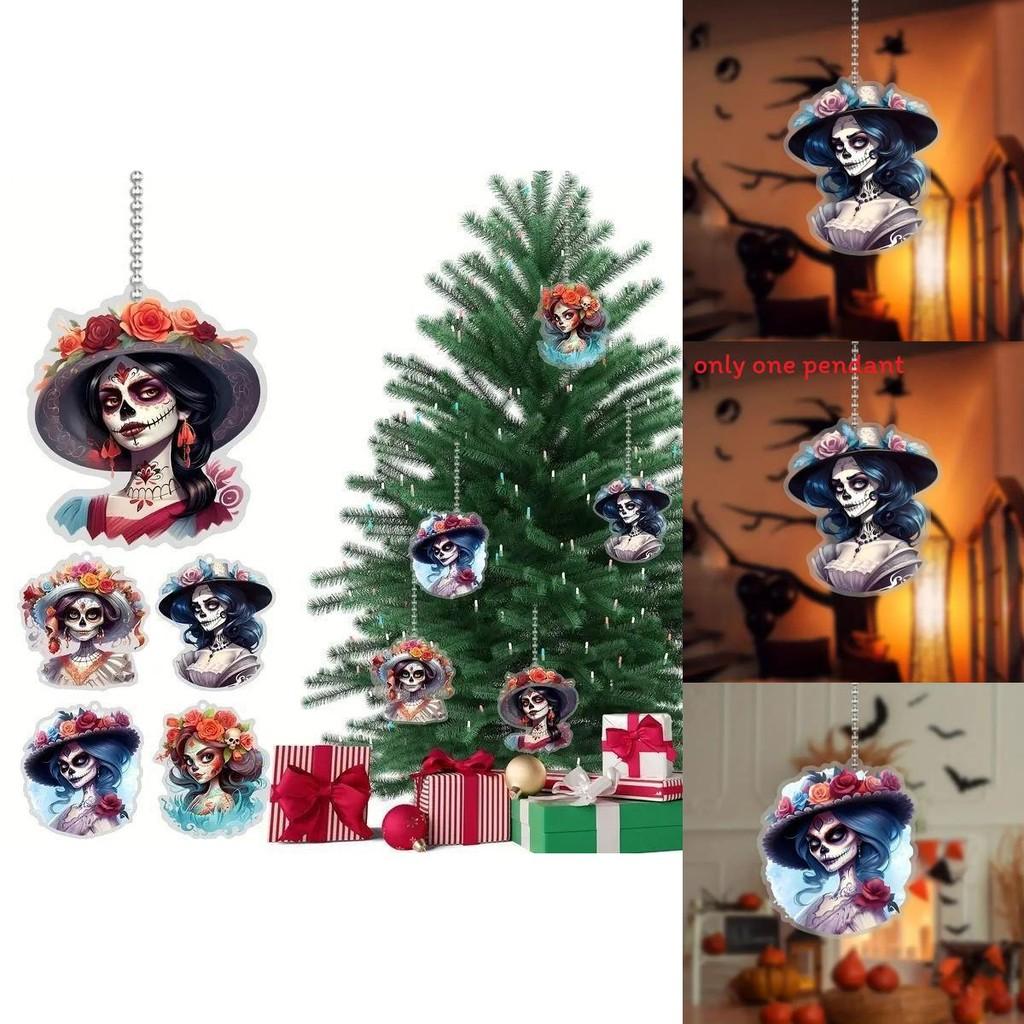 Car Decor Acrylic Halloween Cartoon Skull Flower Hat Design Pendant With Beaded Chain For Auto Interior