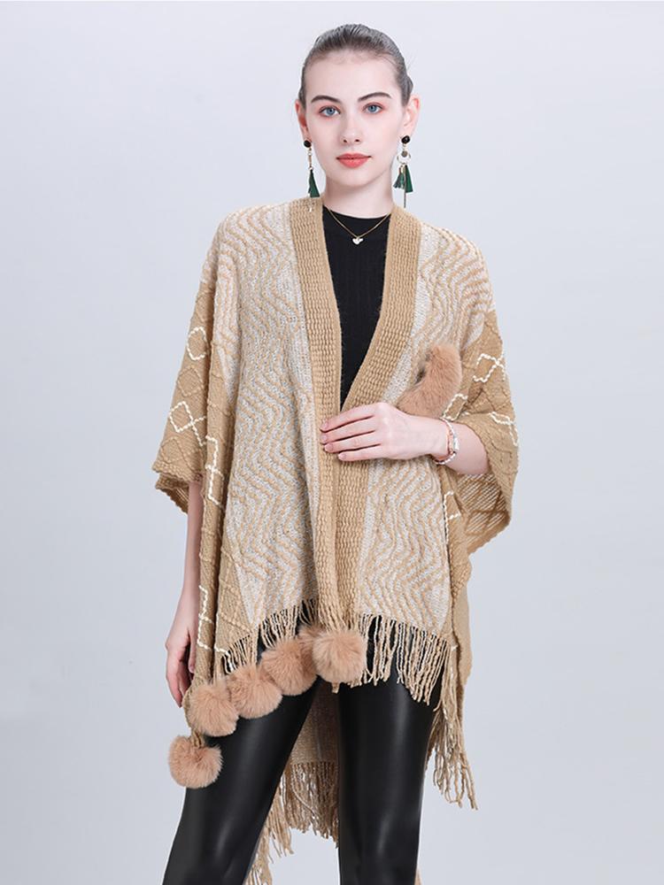 New Imitation Cashmere Elegant Women Pompom Scarf Winter Ladies Striped Fringed Poncho Femme Capa Para Mujer Pashmina Wrap Shawl