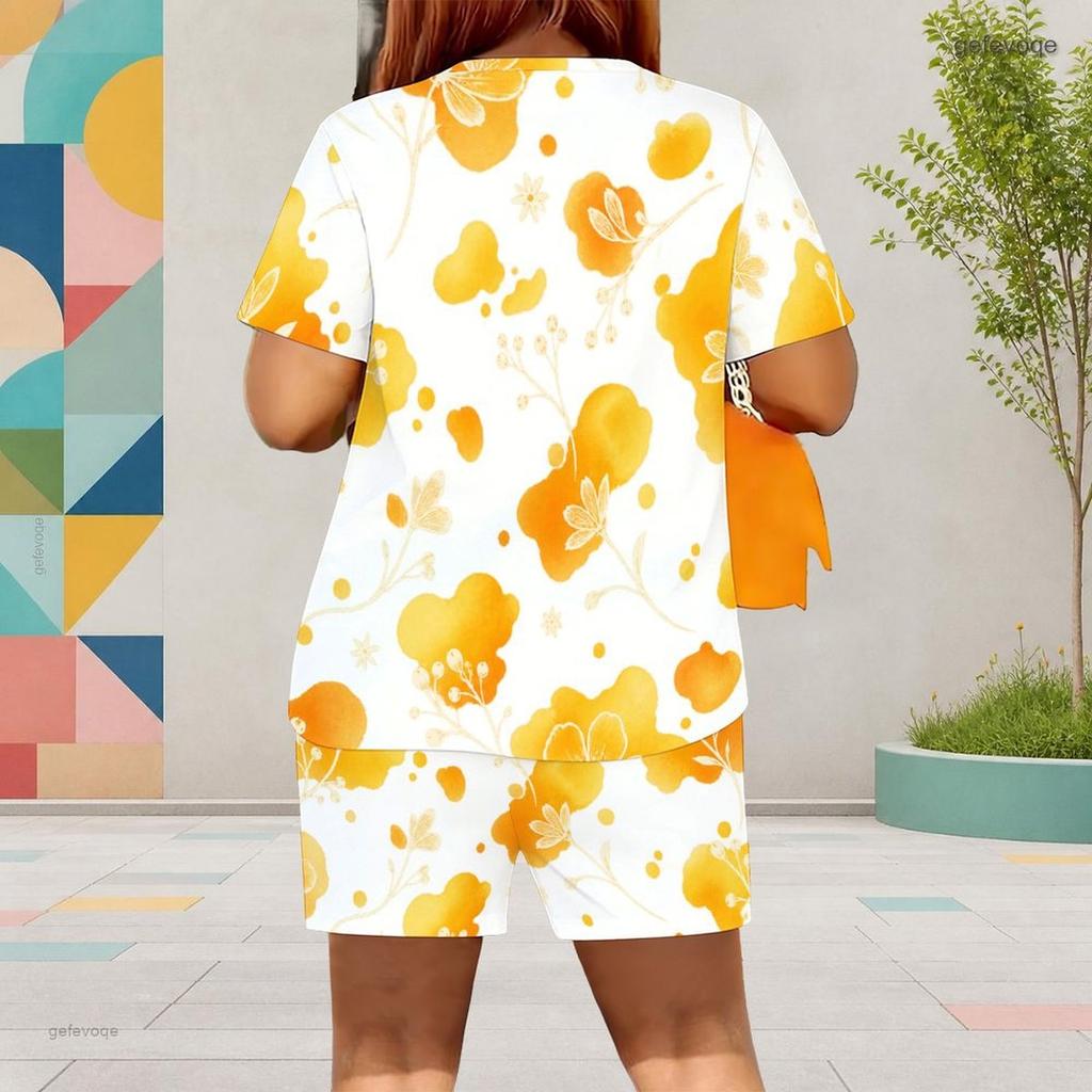 Women Plus Size Yellow White Printed Round Neck Short Sleeve Top Pocket Shorts Two Piece Set