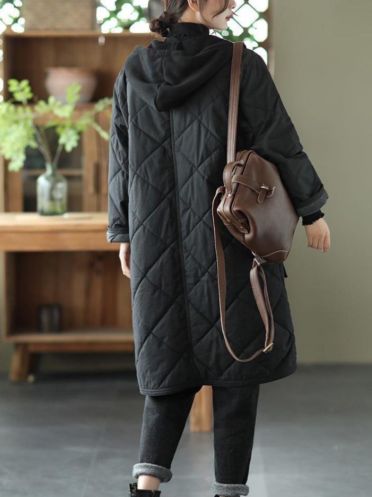 Toamnă Vintage Plus Size Palton rombic cu glugă Femei Iarnă Nouă Jachetă din bumbac Largi Casual Lungime mijlocie Jachete din bumbac căptușite în contrast de culoare